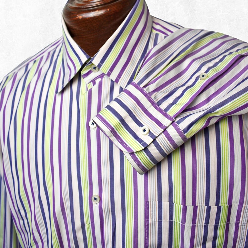 Robert Talbott Carmel Dress Shirt Men's XL 100% Cotton Purple Green Stripe
